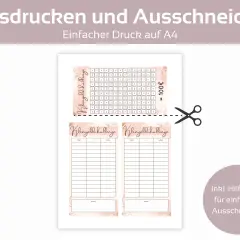 Zwei Vorlagen für eine Kleingeldchallenge zum Ausdrucken und Ausschneiden. Jede Vorlage hat Felder für Datum, +/- und Summe, um das Sparen zu verfolgen.