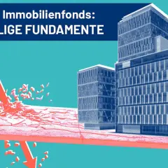 Offene Immobilienfonds: ein roter Pfeil durchbricht eine Barriere, die Gebäude im Hintergrund wirken instabil.