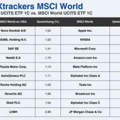 Vergleich von Xtrackers MSCI World ETFs: Top-Positionen und Gewichtungen im MSCI World ex USA und MSCI World.