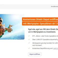Zwei glückliche Menschen beim Fallschirmspringen, die für ein kostenloses Direkt-Depot werben.