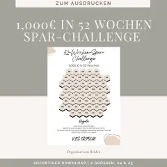 Vorlage Sparplan zum Ausdrucken: 52-Wochen-Spar-Challenge für 1.000€. Hexagon-Raster mit Beträgen von 10€ bis 40€.