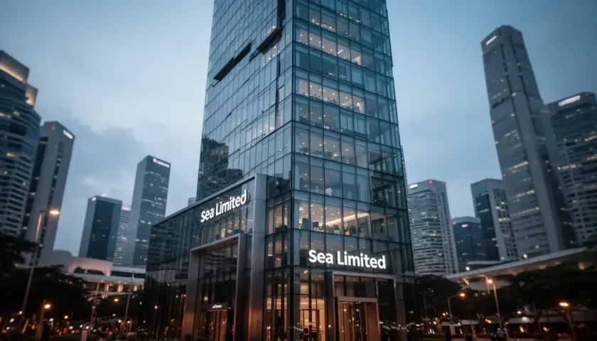 Moderne Glasfassade des Sea Limited Hauptsitzes im Abendlicht. Die Sea Limited Aktie symbolisiert Wachstum in der Skyline.