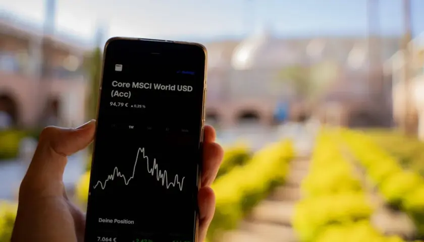 Hand hält Smartphone mit MSCI World Rendite-Chart. Der Kurs steht bei 94,79 € mit einem Plus von 0,25%.