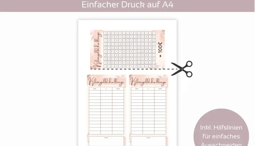 Zwei Vorlagen für eine Kleingeldchallenge zum Ausdrucken und Ausschneiden. Jede Vorlage hat Felder für Datum, +/- und Summe, um das Sparen zu verfolgen.
