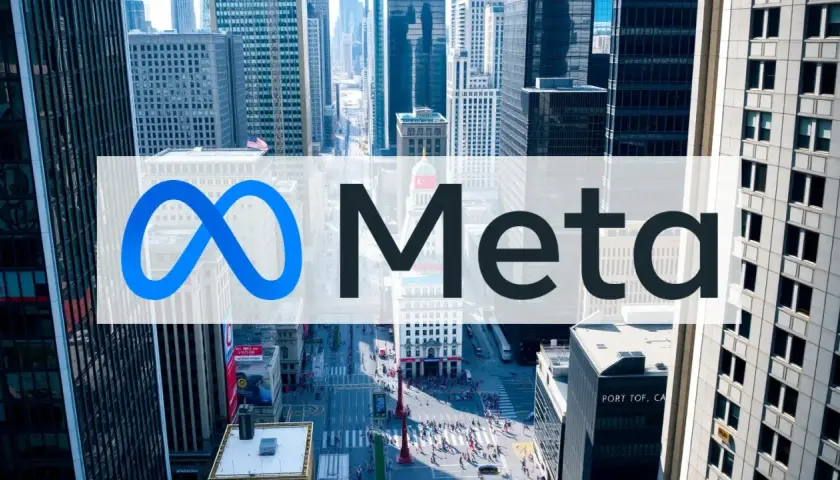 Meta-Logo über einer belebten Stadtstraße. Die Meta-Aktie im Fokus der urbanen Skyline.