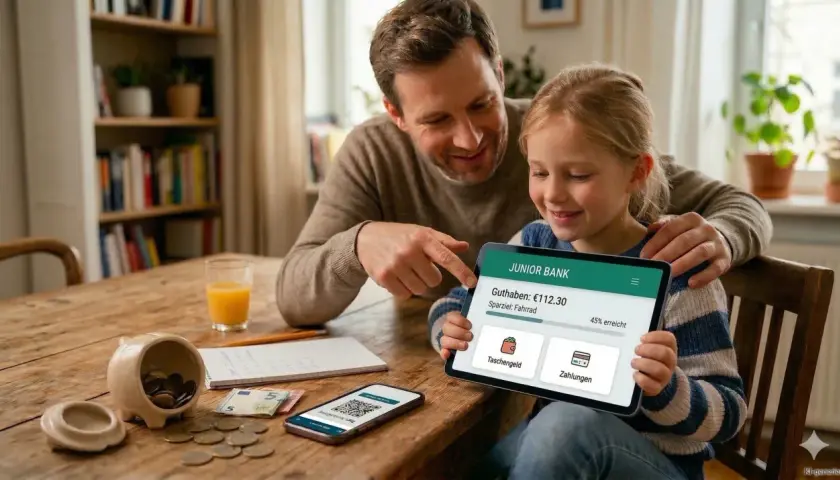Vater und Tochter schauen auf ein Tablet, das ein kinder sparkonto zeigt. Sie planen das Sparen für ein Fahrrad.