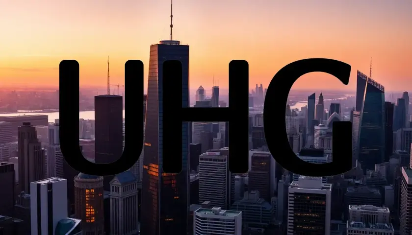 Große schwarze Buchstaben "UHG" über einer Skyline bei Sonnenuntergang. Ein Symbol für die Bedeutung von United Health in der modernen Stadt.