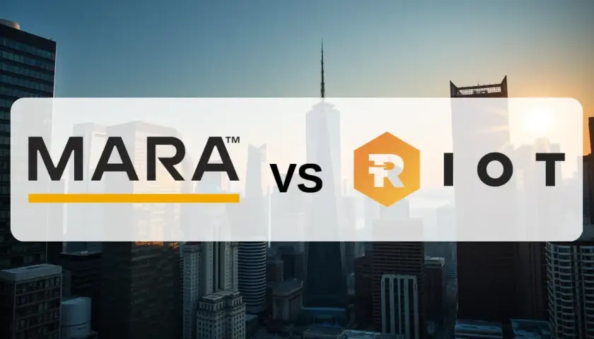 Vergleich der **Mara Holdings Aktie** mit RIOT vor einer Skyline.