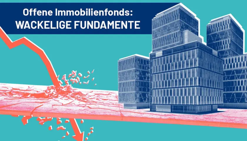 Offene Immobilienfonds: ein roter Pfeil durchbricht eine Barriere, die Gebäude im Hintergrund wirken instabil.