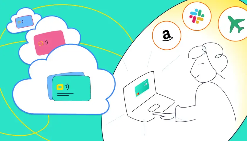 Person nutzt virtuelle Kreditkarte auf Laptop für Online-Shopping, Reisen & mehr. Digitale Zahlungen in der Cloud.