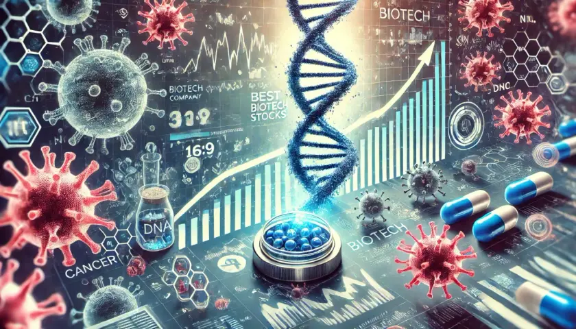Biotech-Aktien im Aufwind: DNA-Stränge, Viren und Pillen symbolisieren den Fortschritt in der medizinischen Forschung und Investitionen.