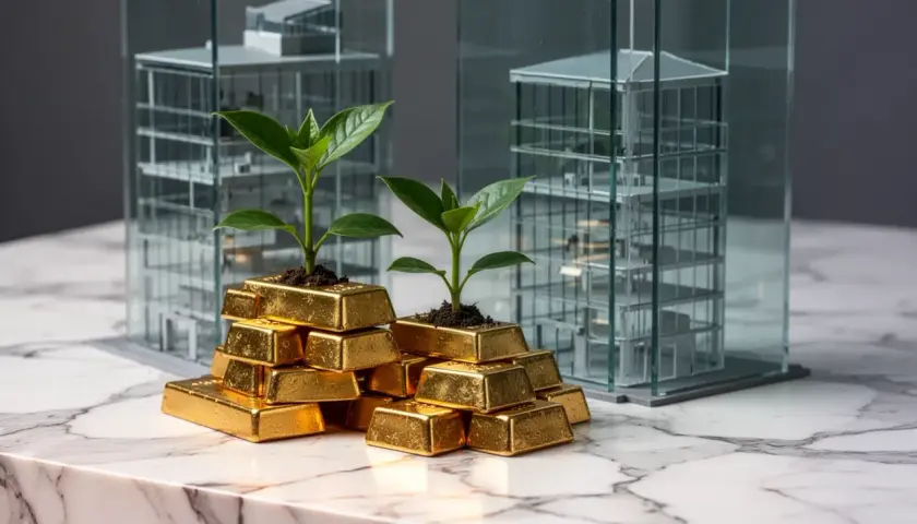 Goldbarren mit jungen Pflanzen wachsen vor Modellgebäuden. Ein Symbol für Wachstum und Investitionen, wie bei einem Vanguard Lifestrategy 60.
