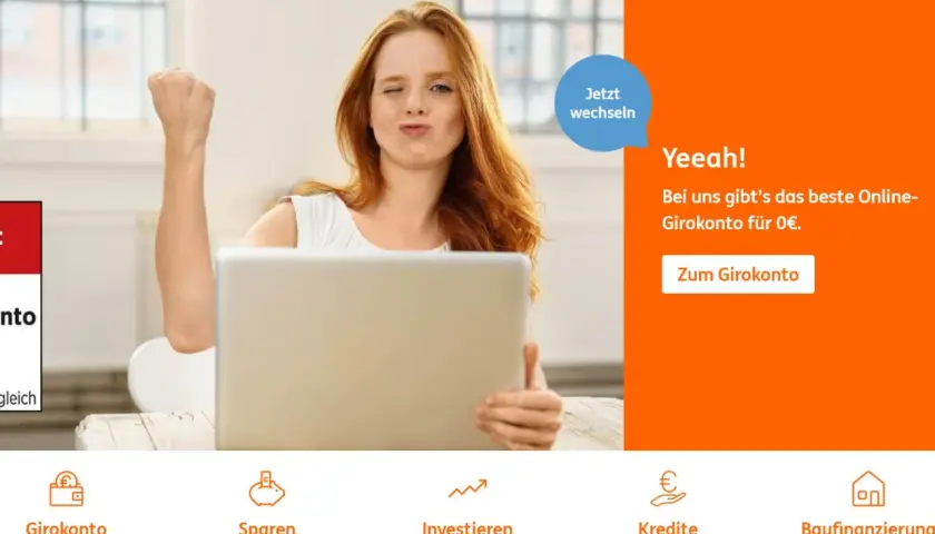 Junge Frau jubelt vor Laptop. ING wirbt mit "Yeeah! Online-Girokonto für 0€". Gute ING Diba Erfahrungen sind hier möglich.