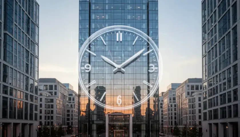 Moderne Gebäude mit einer großen Uhr, die auf den xtrackers ii eur overnight rate swap ucits etf hinweist.