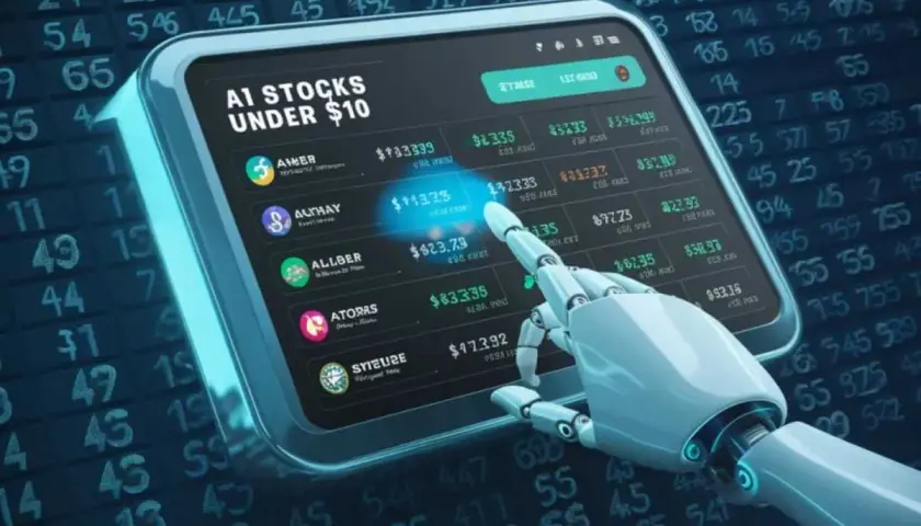 Ein Roboterarm tippt auf ein Tablet mit einer Liste von KI-Aktien unter 10 Dollar, vor einem Hintergrund aus Börsenkursen.