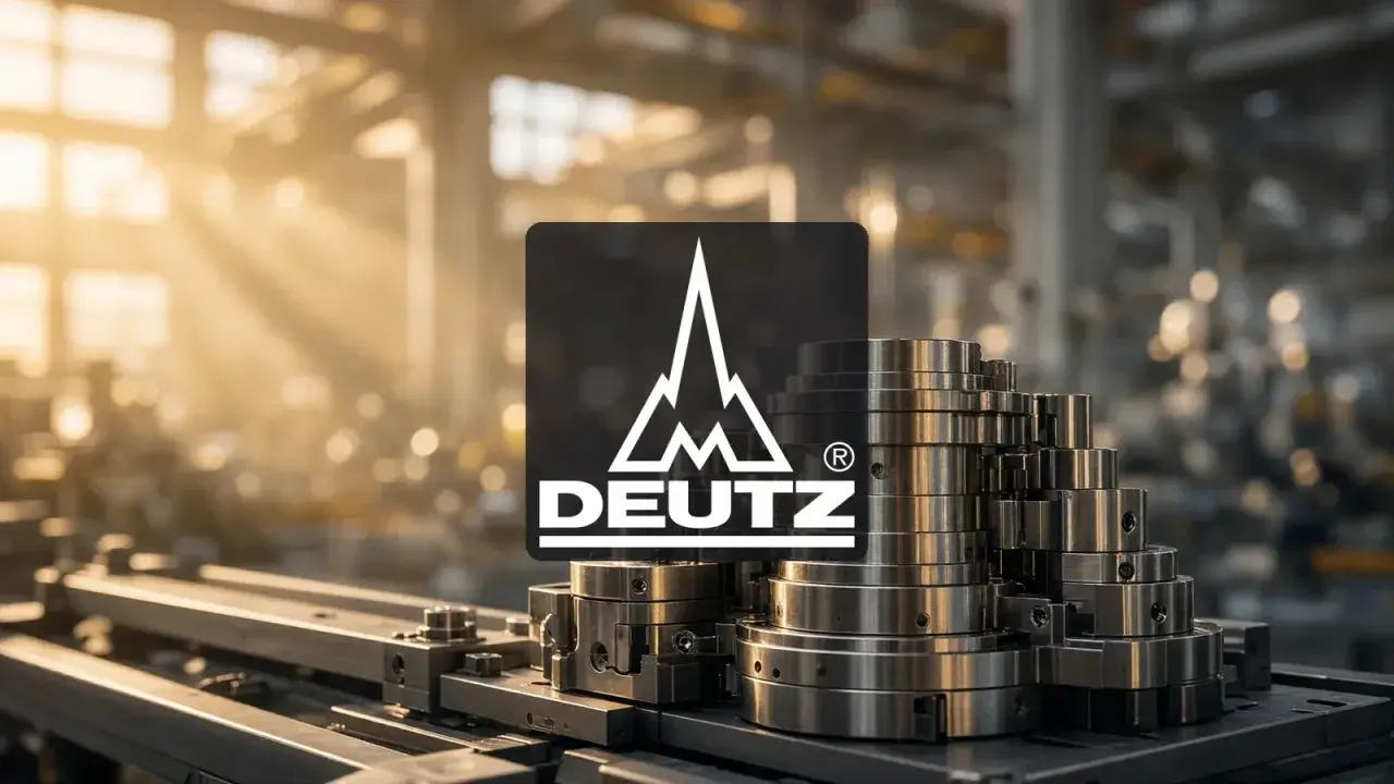 Deutz AG: Präzisionsmetallteile in einer Fabrikhalle, die die Stärke der Deutz Aktie symbolisieren.