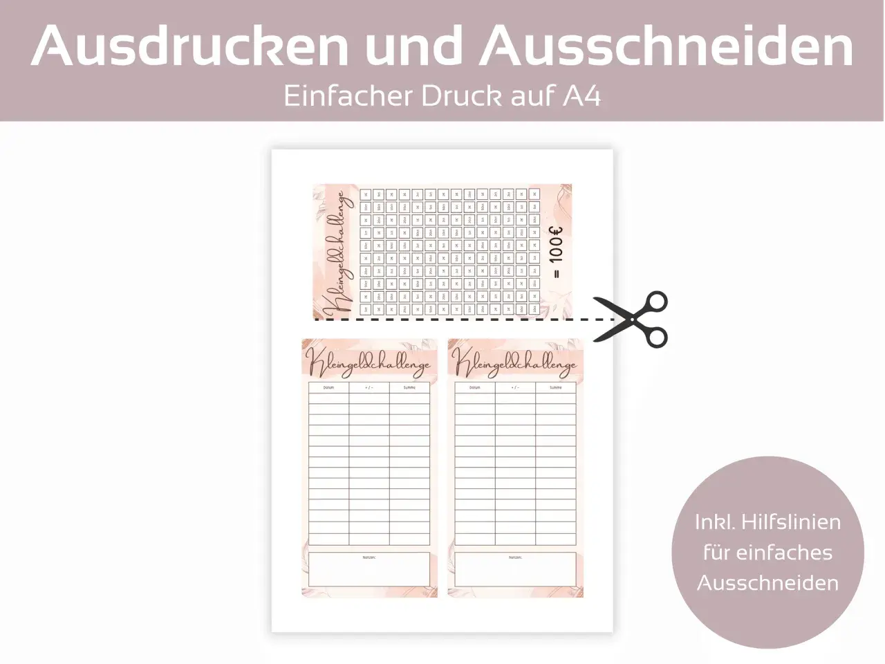 Zwei Vorlagen für eine Kleingeldchallenge zum Ausdrucken und Ausschneiden. Jede Vorlage hat Felder für Datum, +/- und Summe, um das Sparen zu verfolgen.