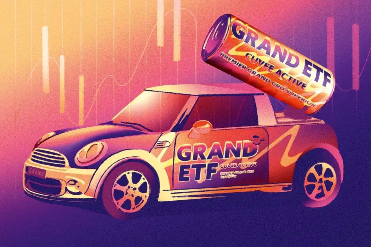Ein Auto mit "GRAND ETF CUVEE ACTIVE" Aufschrift, darauf eine Dose "GRAND ETF". Ein Symbol für aktive ETFs.