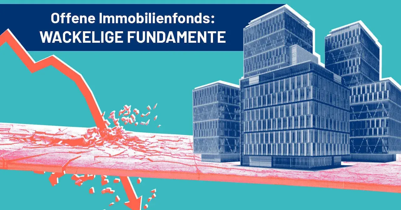 Offene Immobilienfonds: ein roter Pfeil durchbricht eine Barriere, die Gebäude im Hintergrund wirken instabil.