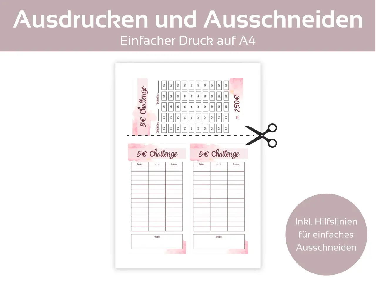 Druckvorlage für eine "5€ Challenge" zum Sparen von 250€. Enthält Felder für Datum und Summe.