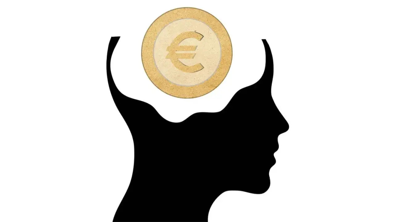 Schwarze Silhouette eines Kopfes mit einem Euro-Symbol-Münze im Gehirn. Ein Symbol für die Psychologie des Geldes.