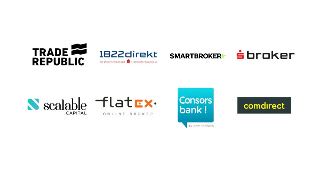 Logos von Trade Republic, 1822direkt, Smartbroker+, sbroker, Scalable Capital, Flatex, Consors Bank und Comdirect. Holger Grethe k&ouml;nnte diese Broker nutzen.
